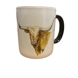 White Ceramic Mug with Brown Longhorn Illustration
